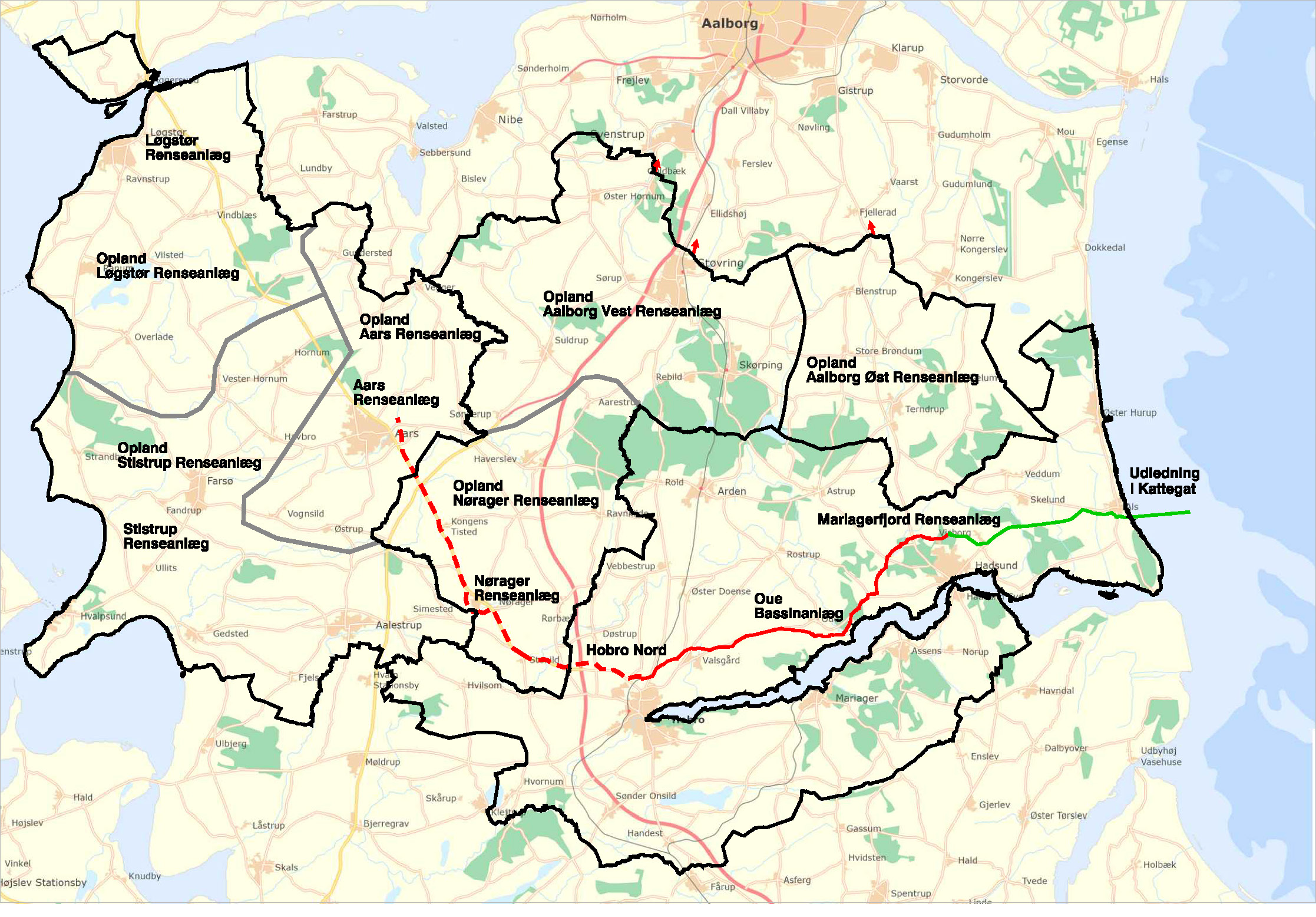 Kort over forventet ledningsføring fra Aars renseanlæg til Mariagerfjord Renseanlæg Kort over forventet ledningsføring fra Aars renseanlæg til Mariagerfjord Renseanlæg